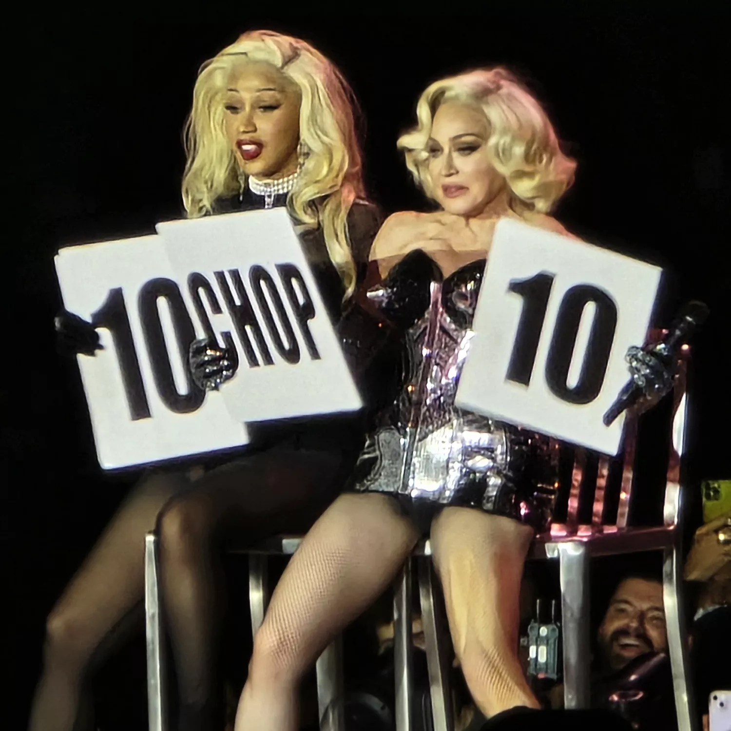 Cardi B shakes her backside with Madonna as they do the Vogue model judging contest as celebs and fans watch the Queen of Pop&rsquo;s final show in LA