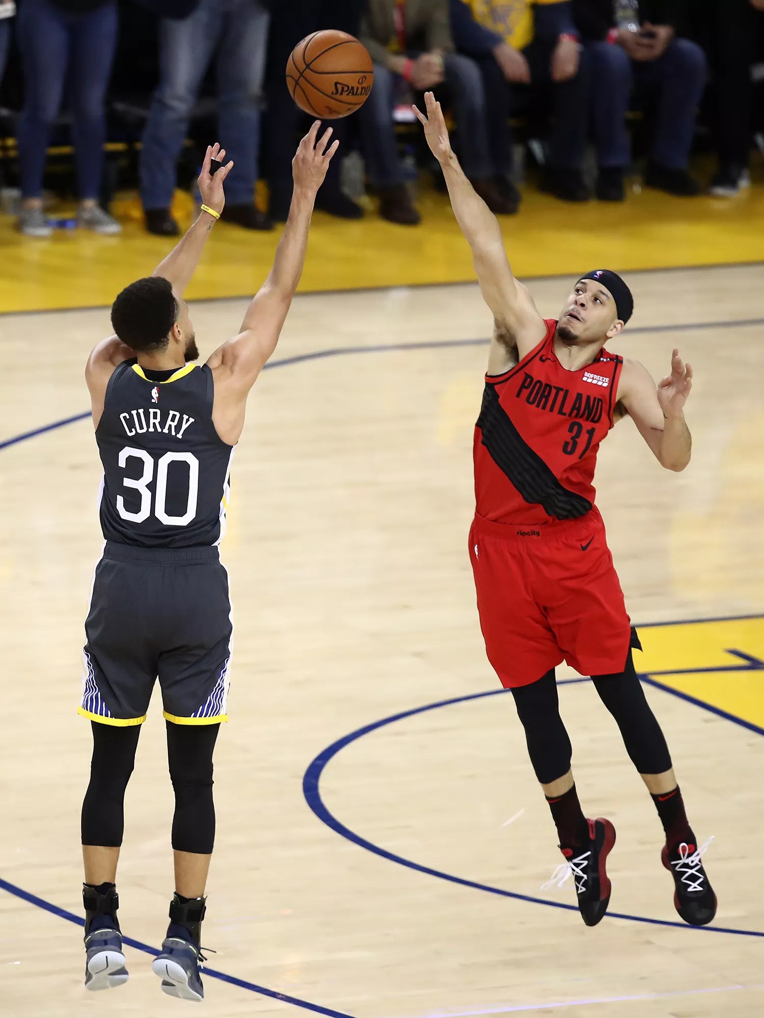 Seth Curry #31 of the Portland Trail Blazers guards Stephen Curry #30 of the Golden State Warriors during Game Two of the Western Conference Finals of the NBA Playoffs