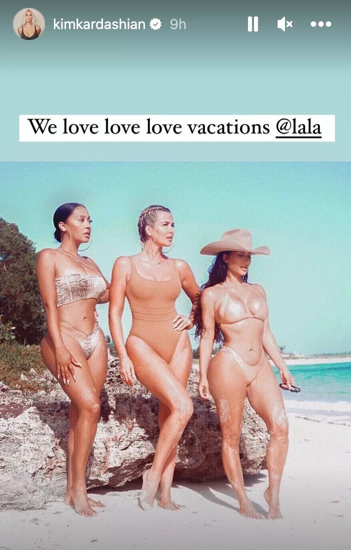 Lala Anthony, Khloe Kardashian, Kim Kardashian on beach in bathing suits