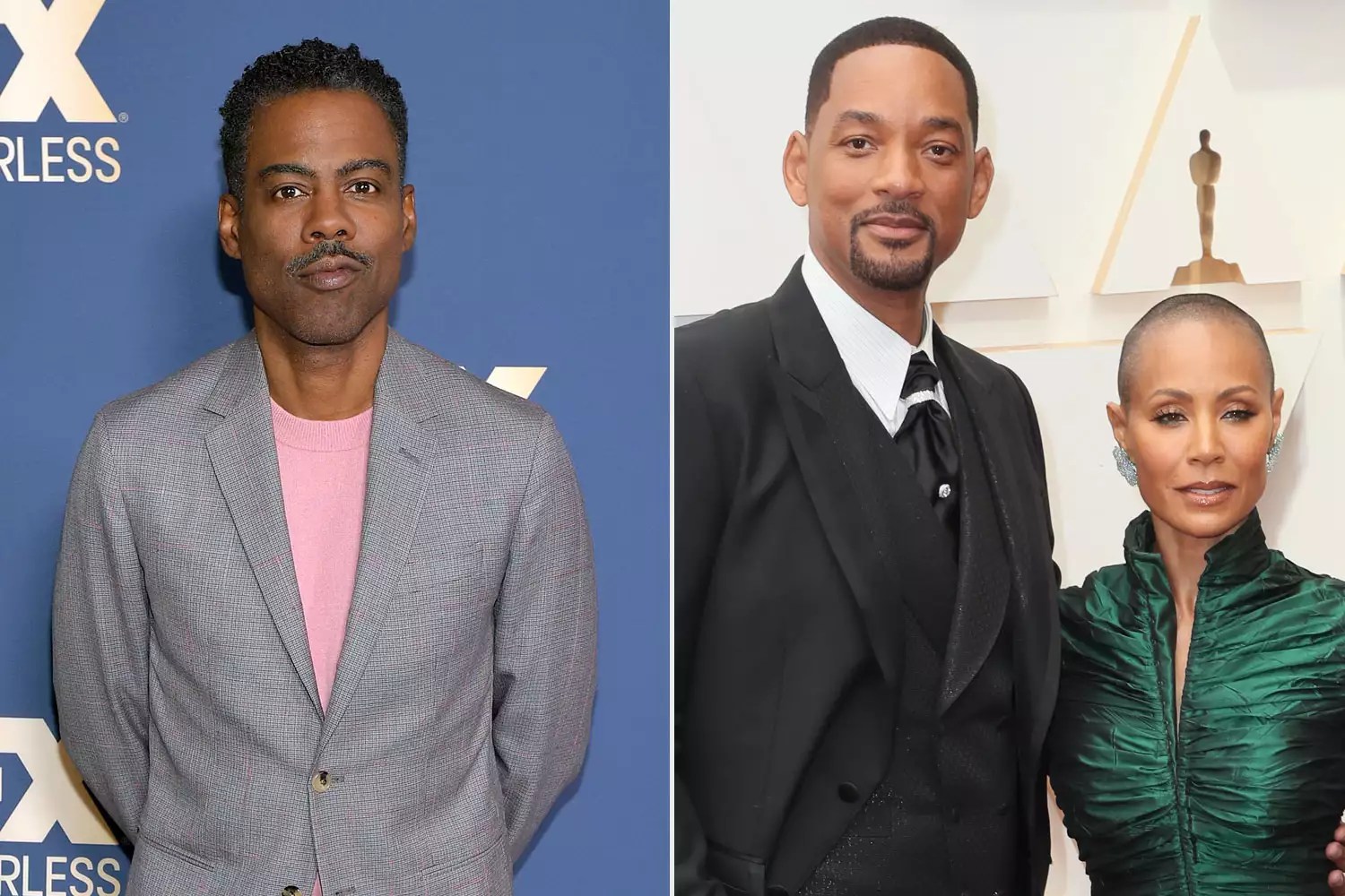PASADENA, CALIFORNIA - JANUARY 09: Chris Rock of &lsquo;Fargo&rsquo; attends the FX Networks' Star Walk Winter Press Tour 2020 at The Langham Huntington, Pasadena on January 09, 2020 in Pasadena, California. (Photo by Matt Winkelmeyer/Getty Images); HOLLYWOOD, CALIFORNIA - MARCH 27: (L-R) Will Smith and Jada Pinkett Smith attend the 94th Annual Academy Awards at Hollywood and Highland on March 27, 2022 in Hollywood, California. (Photo by David Livingston/Getty Images)