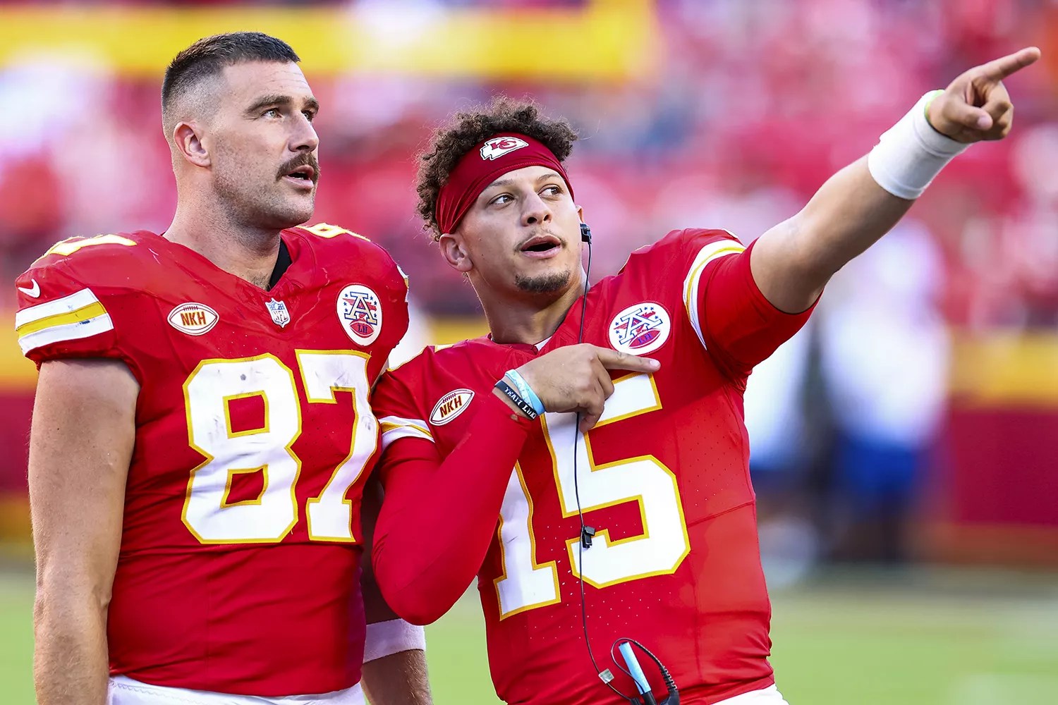Pictured: (L-R) Travis Kelce and Patrick Mahomes in Kansas City, Missouri on Sept. 24, 2023