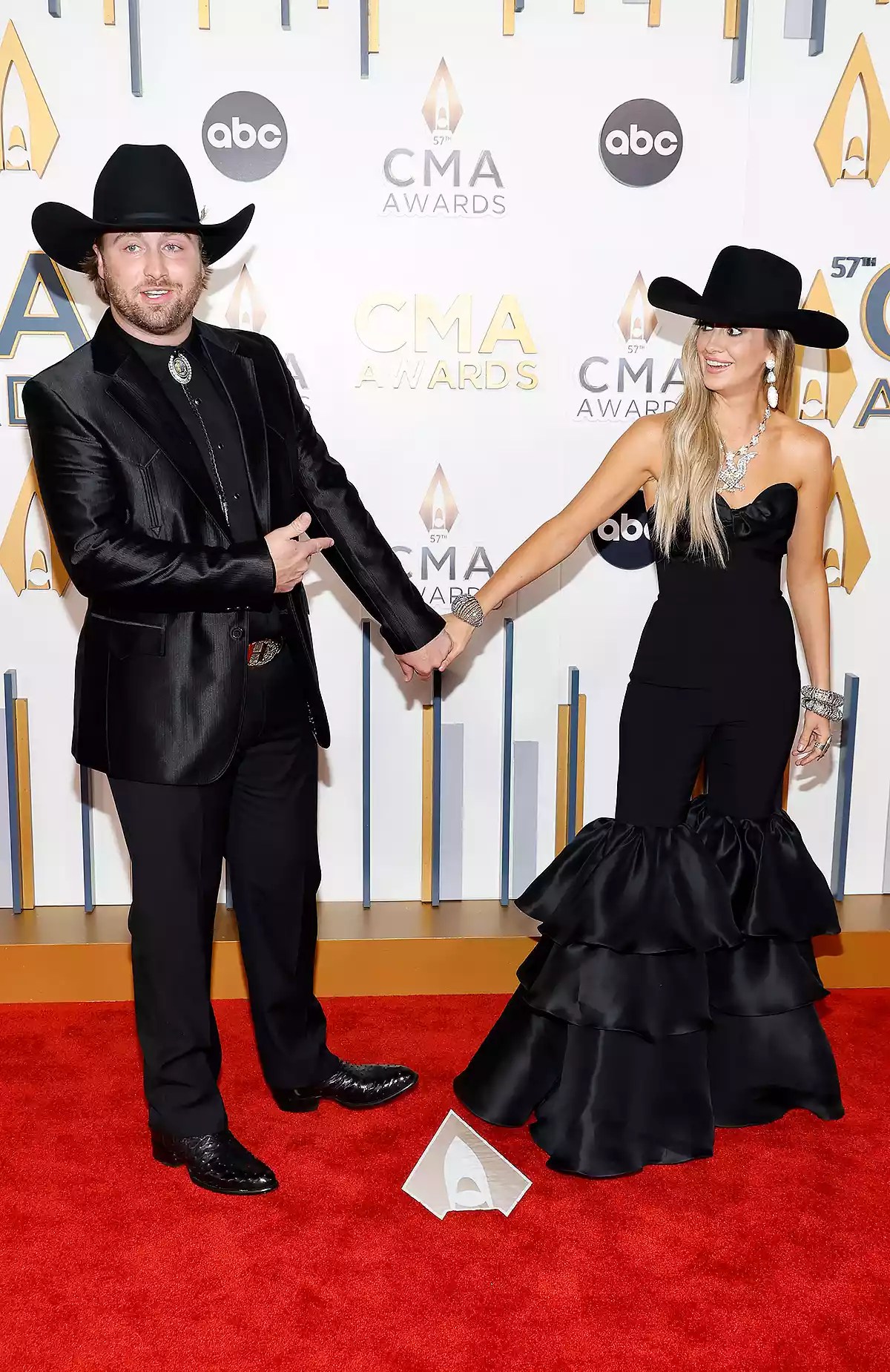 Devlin Hodges and Lainey Wilson attend the 57th Annual CMA Awards at Bridgestone Arena on November 08, 2023 in Nashville, Tennessee.