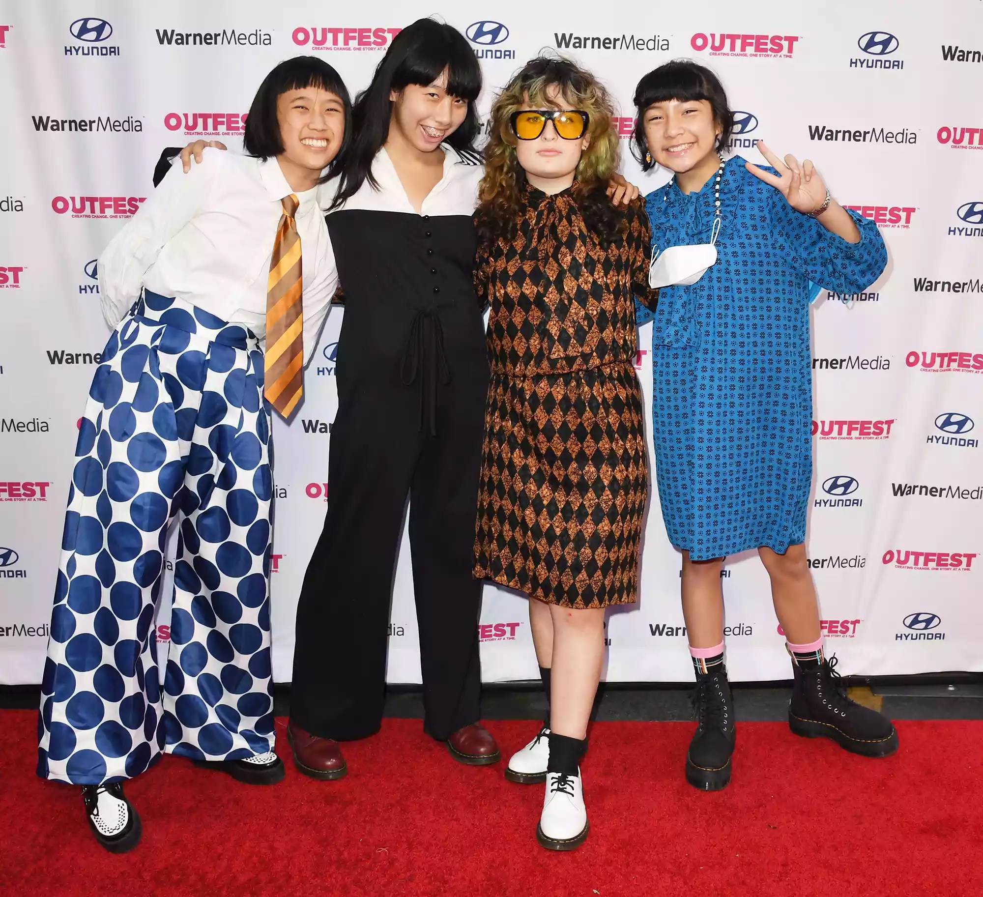 Bela Salazar, Eloise Wong, Lucia de la Garza and Mila de la Garza of The Linda Linda attend Closing Night Of 2021 Outfest Los Angeles LGBTQ Film Festival at The Orpheum Theatre on August 22, 2021 in Los Angeles, California.