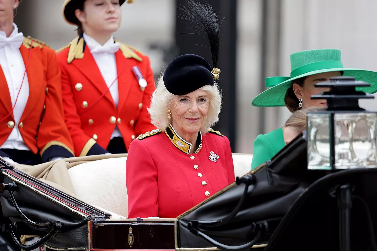 Queen Camilla is seen during Trooping the Colour on June 17, 2023 in London, England. Trooping the Colour is a traditional parade held to mark the British Sovereign&rsquo;s official birthday. It will be the first Trooping the Colour held for King Charles III since he ascended to the throne.