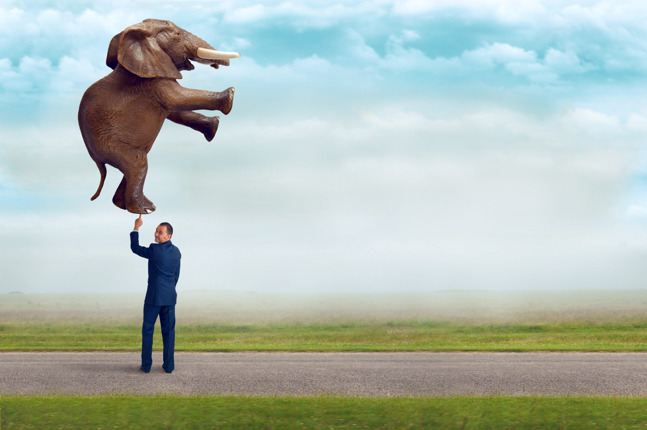 businessman holding an elephant with one finger PERC