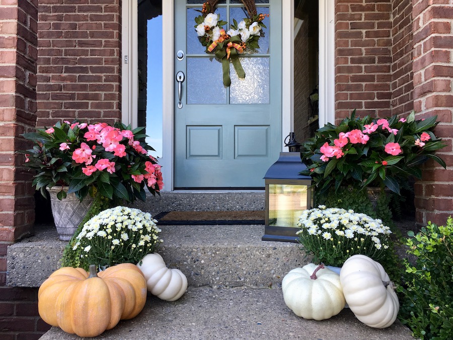 Front Porch Flowers And Pumpkins