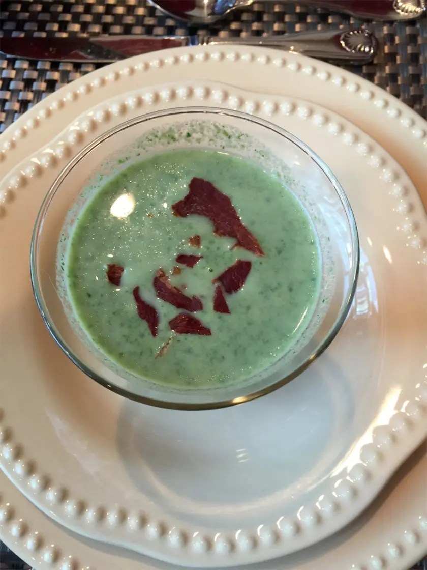 Springtime Chilled Pea Soup with Crispy Prosciutto Perfectly Provence
