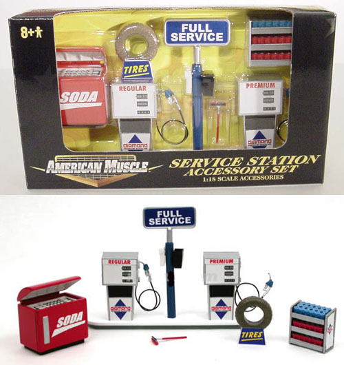 1/18th Service Station Accessory Set, gas pump island, oil caddy, tire