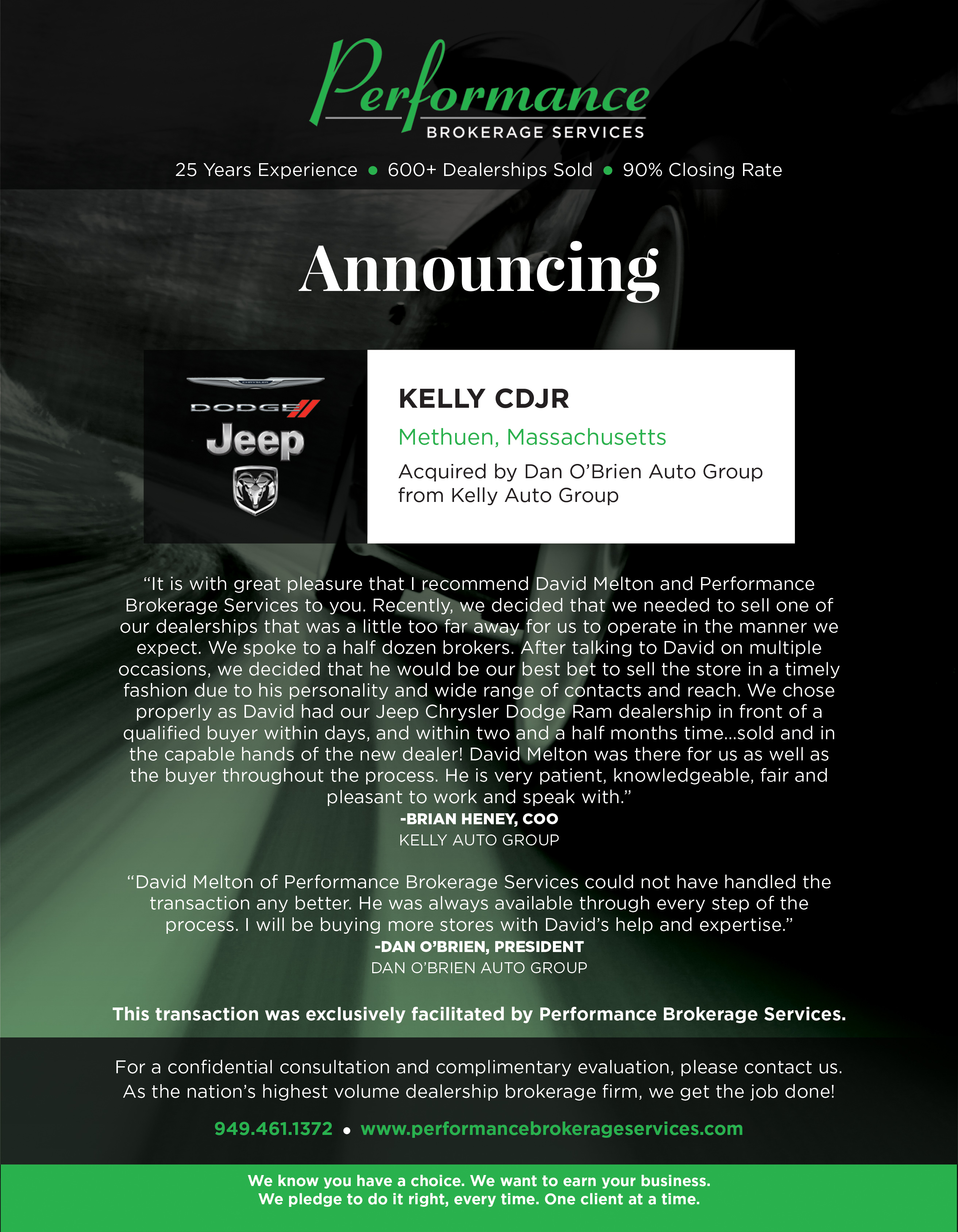 Kelly Auto Group Sells CDJR of Methuen, Massachusetts to Dan O'Brien