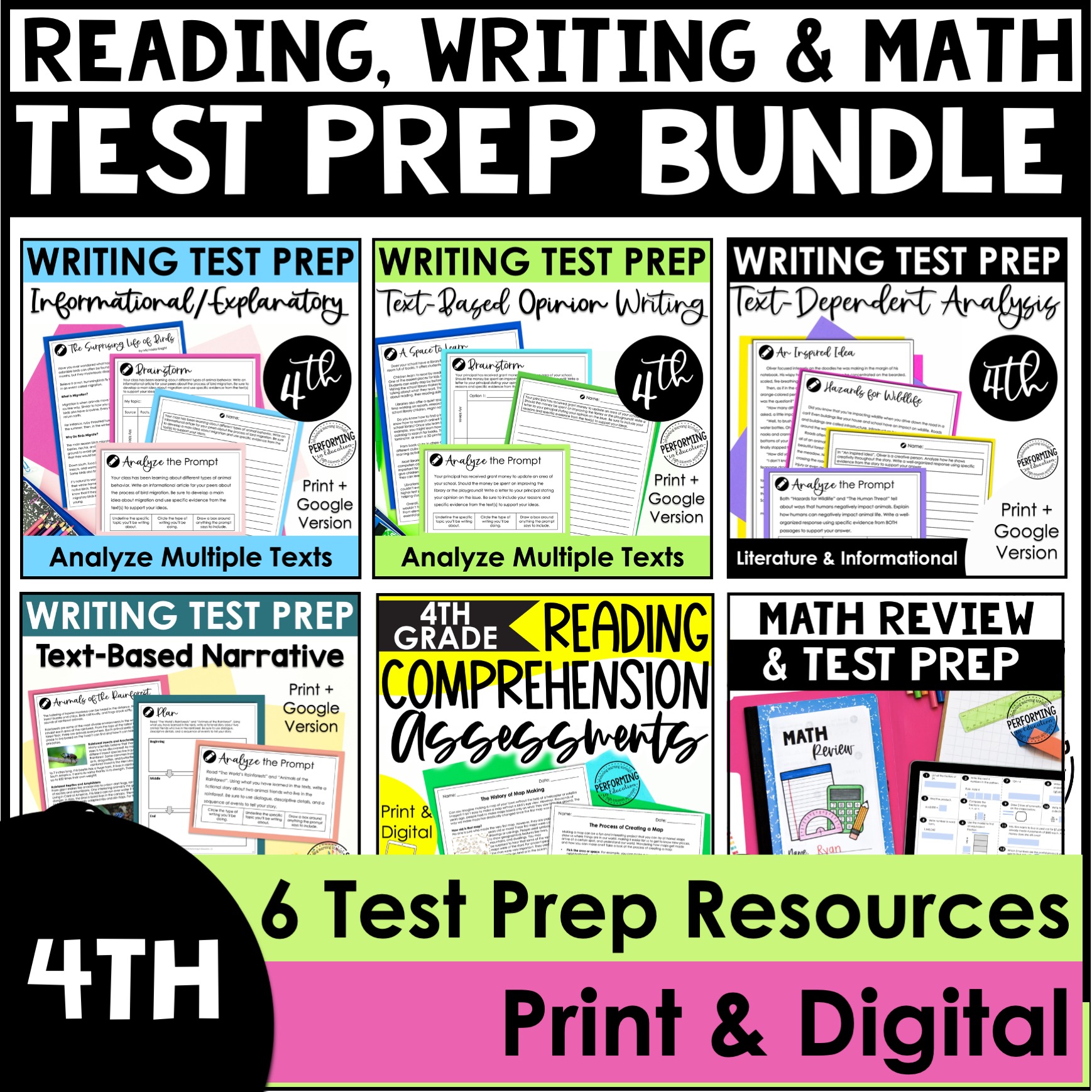 Reading Test Prep, Writing Test Prep, & Math Test Prep 4th Grade Bundle