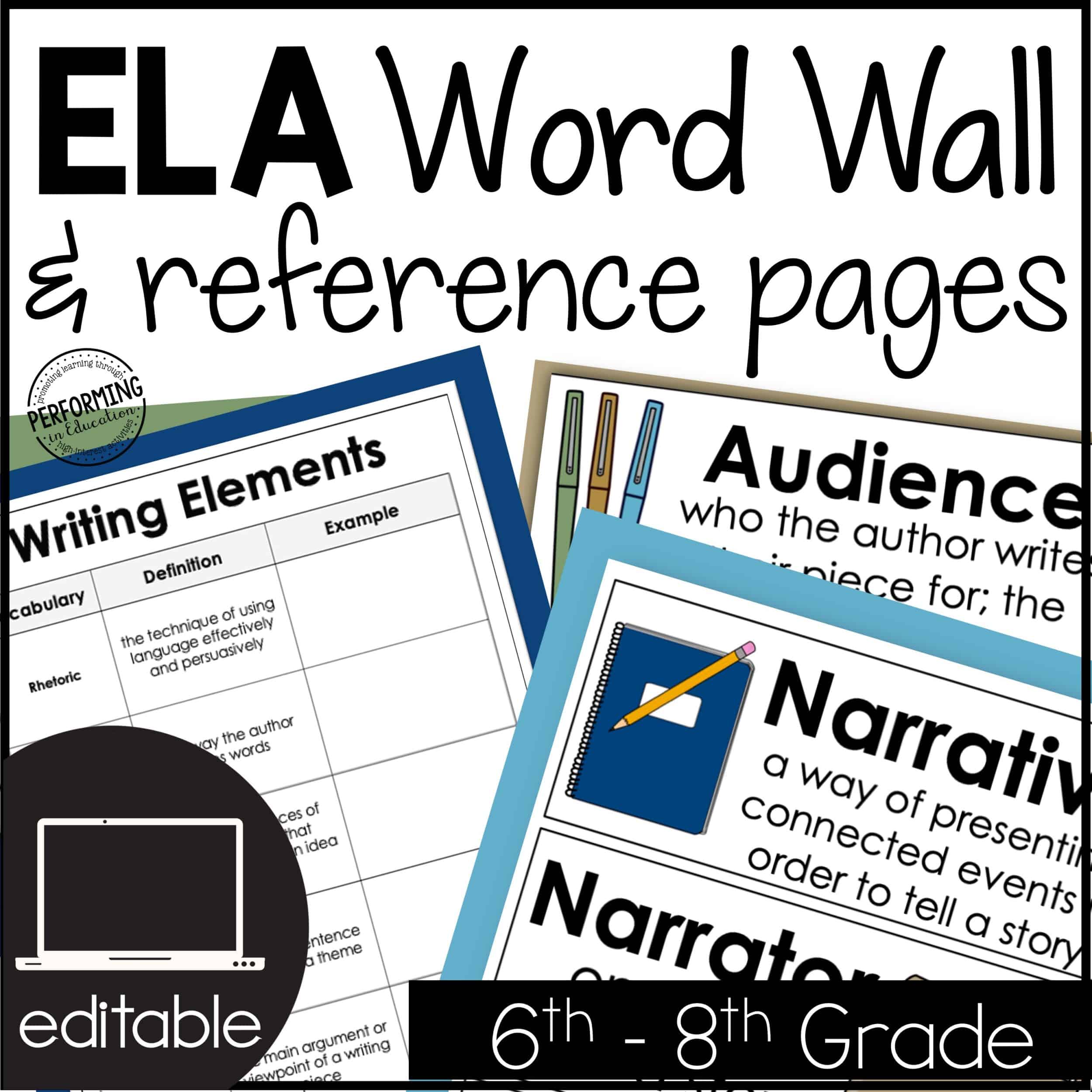 ELA Word Wall & Reference Pages Middle School ELA Vocabulary