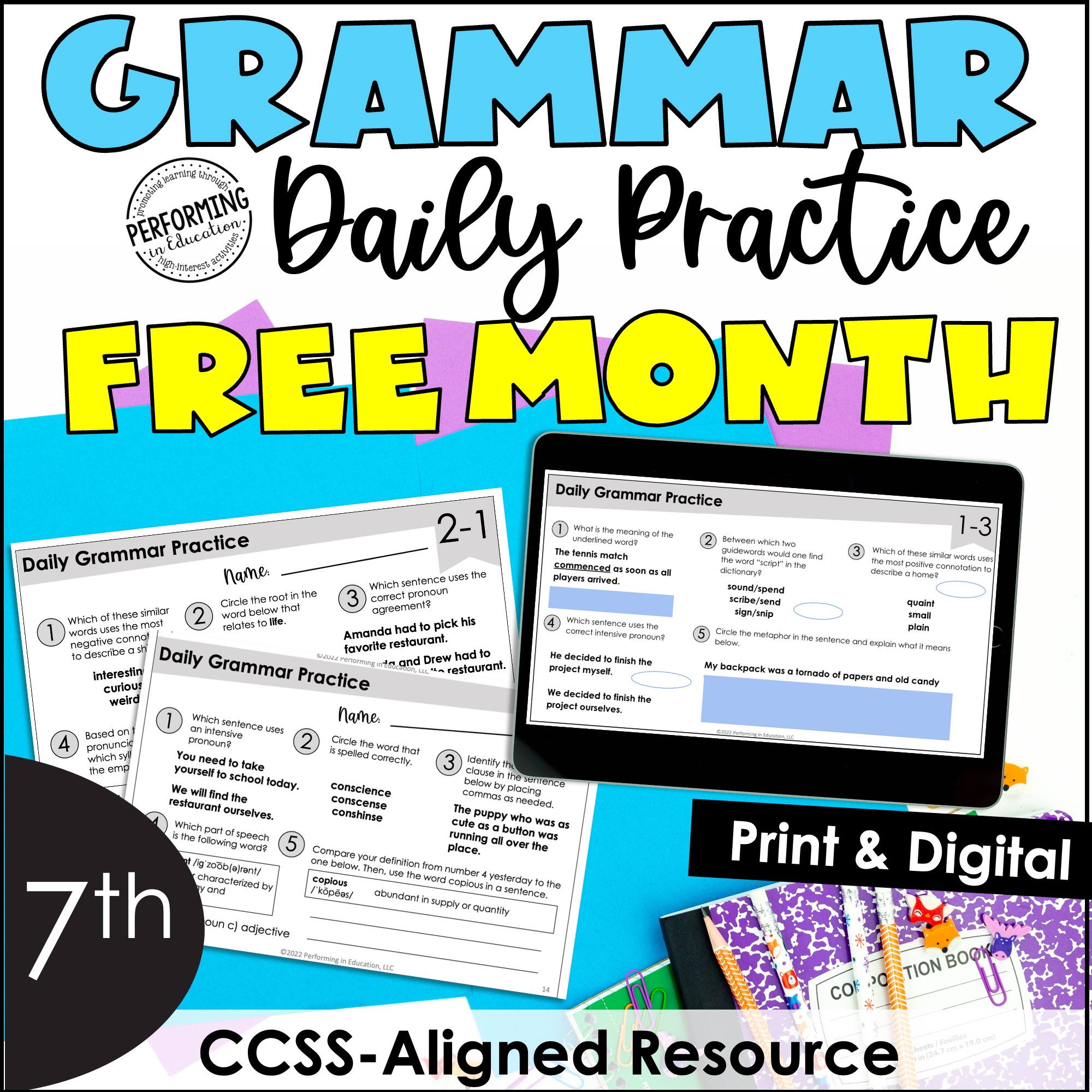 FREE Month-Long Daily Grammar Practice | 7th Grade Grammar Spiral Review
