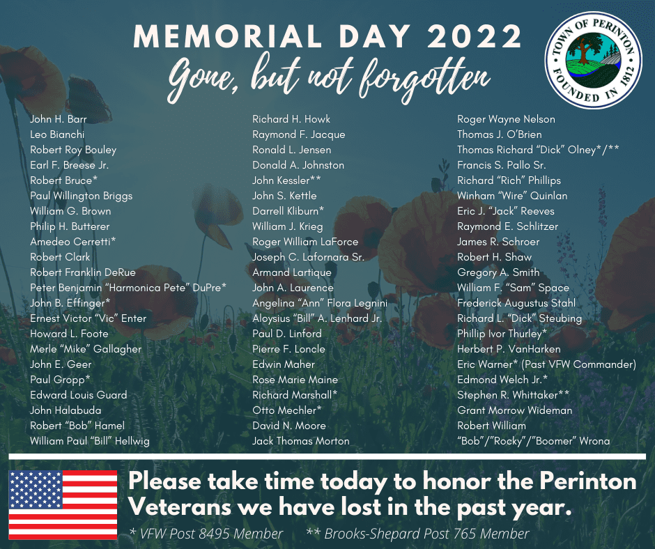 Memorial Day May 30, 2022 Gone, but not Town of Perinton