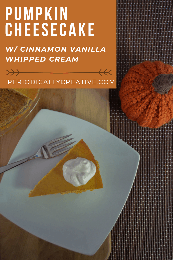 Pumpkin cheesecake without a springform pan is an easy fall dessert. Topped with cinnamon vanilla whipped cream and it's absolutely divine. #pumpkincheesecake #falldessert