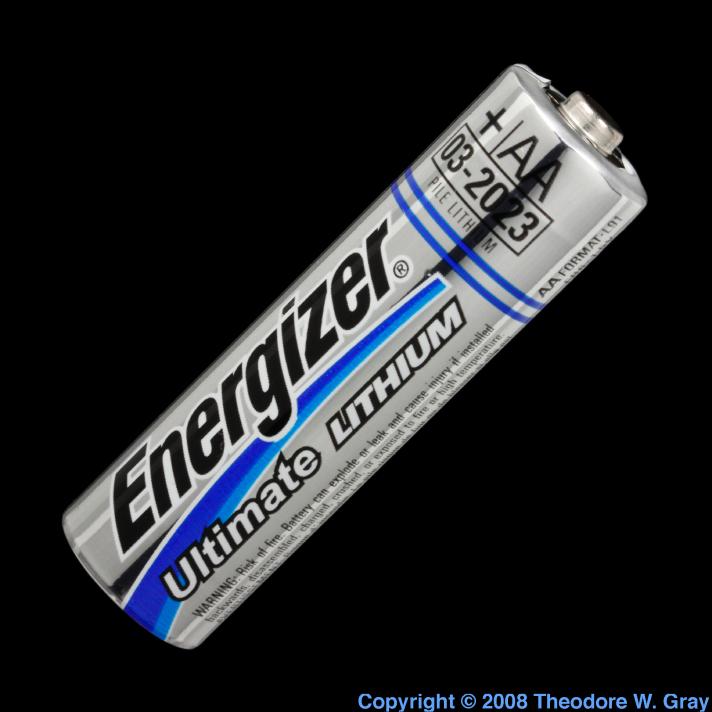 Lithium battery, a sample of the element Lithium in the Periodic Table