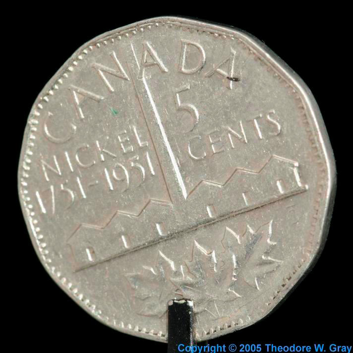 Canadian nickel, a sample of the element Nickel in the Periodic Table