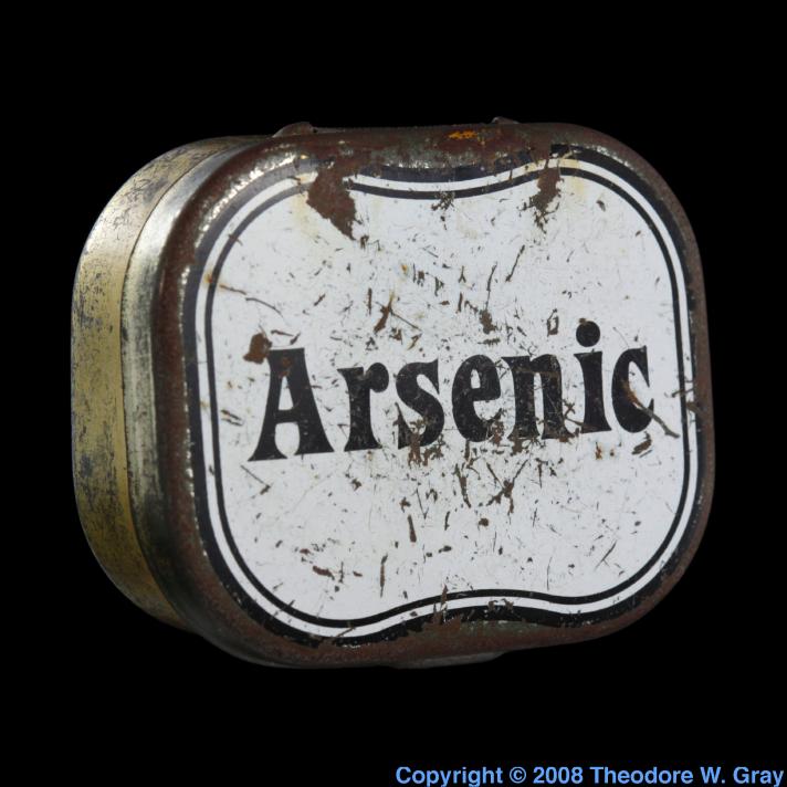 Small tin of arsenic, a sample of the element Arsenic in the Periodic Table
