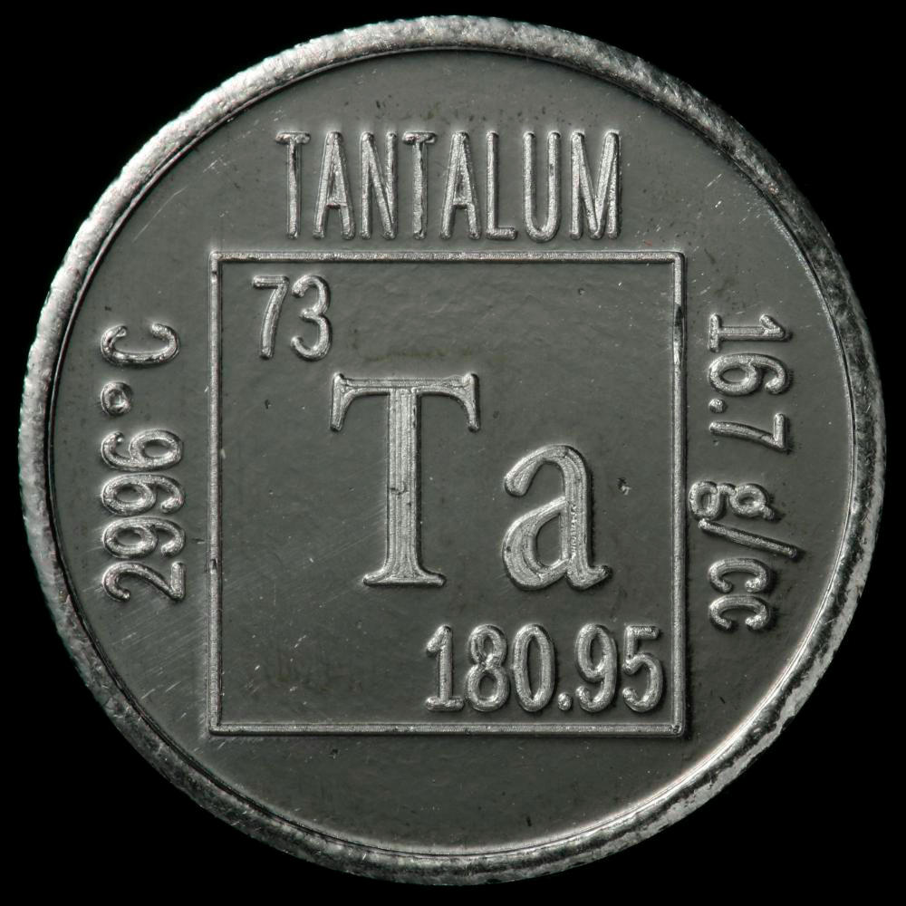 Element coin, a sample of the element Tantalum in the Periodic Table