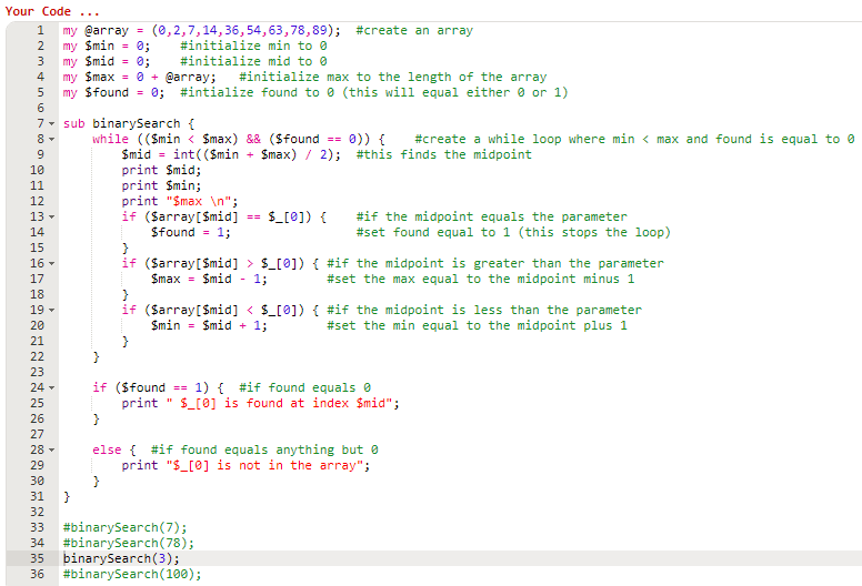 Implementation of Binary Search Perl