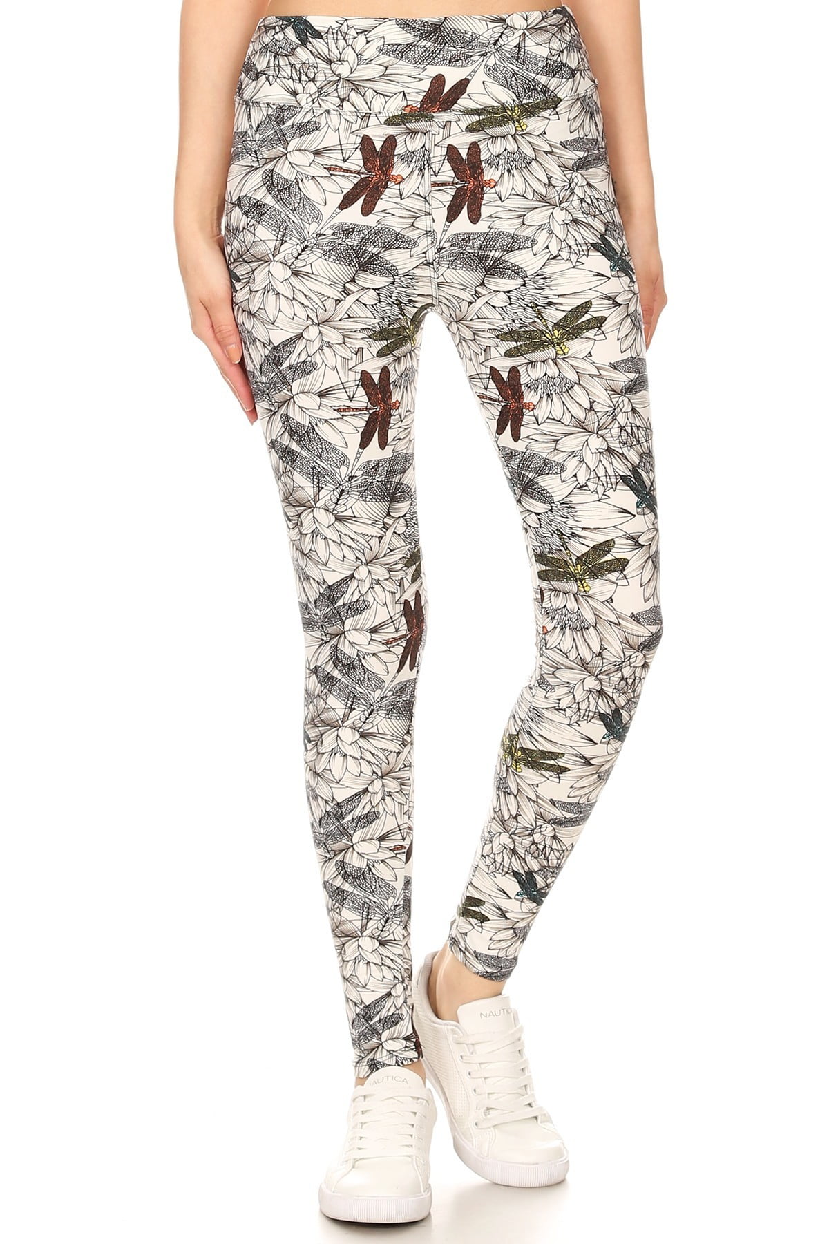Yoga Style Banded Lined Dragonfly Print, Full Length Leggings In A Slim