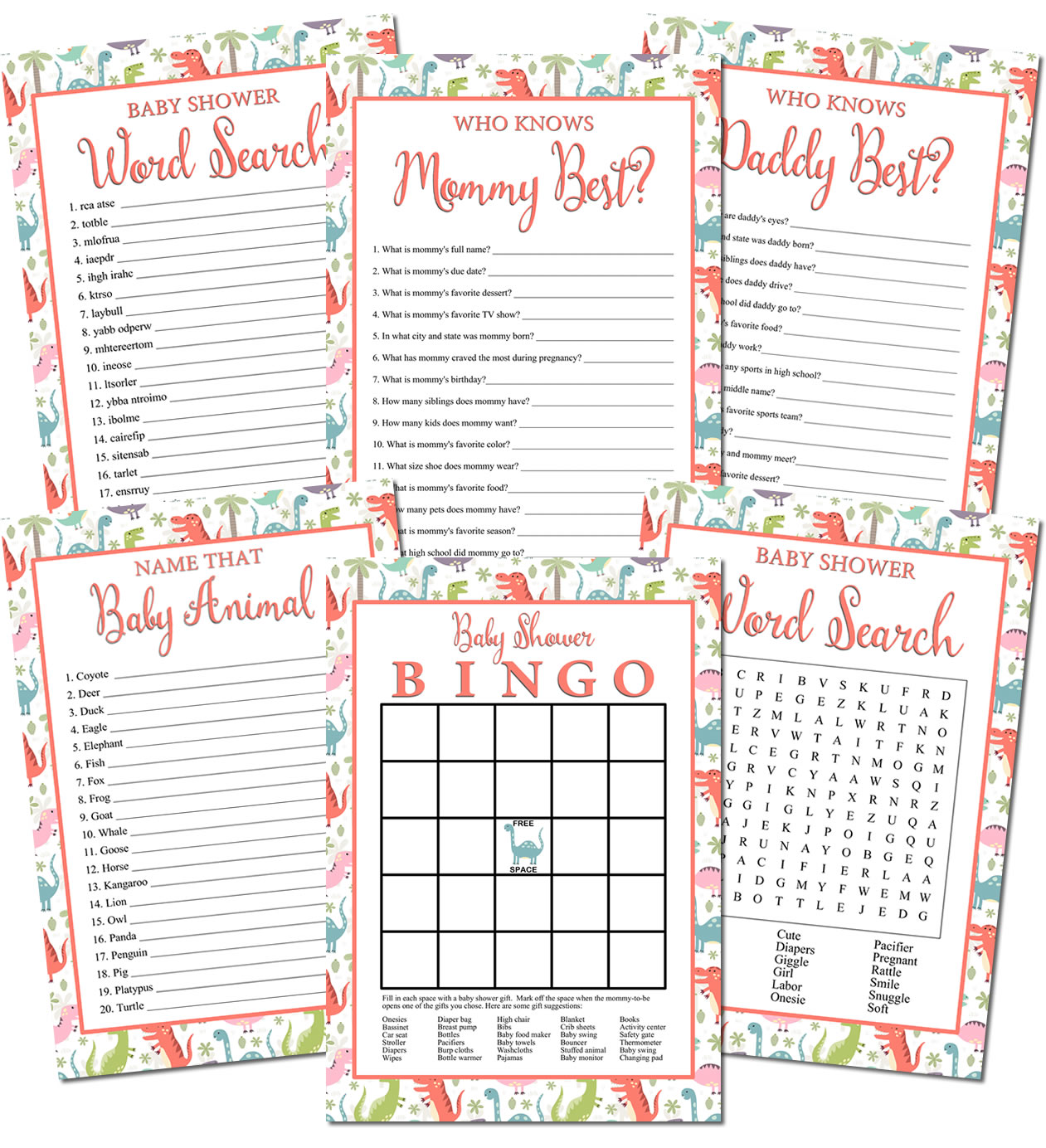 Printable Dinosaur Baby Shower Games Set (6) Personalized Babies