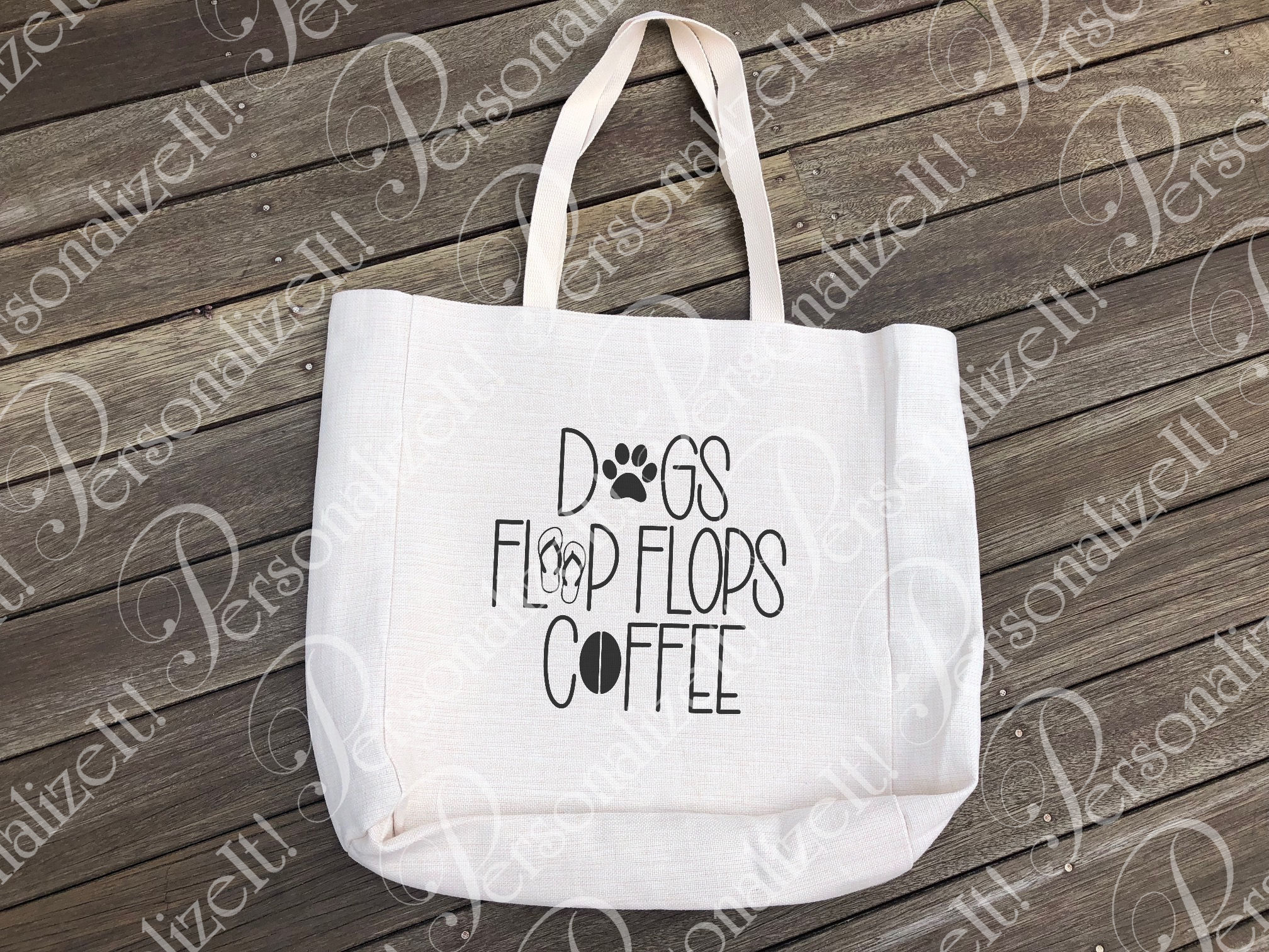 DOGS FLIP FLOPS AND COFFEE Linen High Quality Tote Shopping Bag 15 x 15