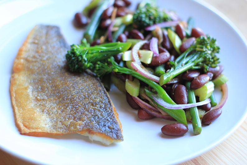 Sea bass with Kidney bean & long stem broccoli salad Pescetarian