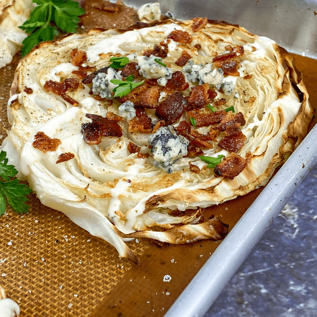 Loaded Cabbage Steaks with Bacon and Blue Cheese Dressing Pesto