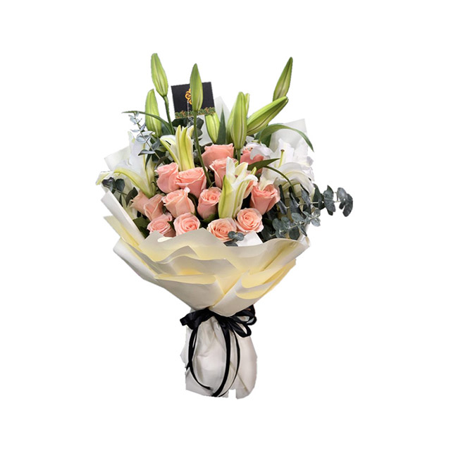 Joyful Bouquet Roses Lilies Hermosa Roses and White Lilies