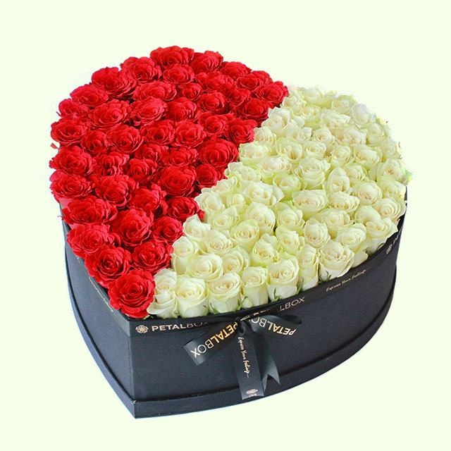 Delight Roses Heart Box Red and White Roses Heart Box