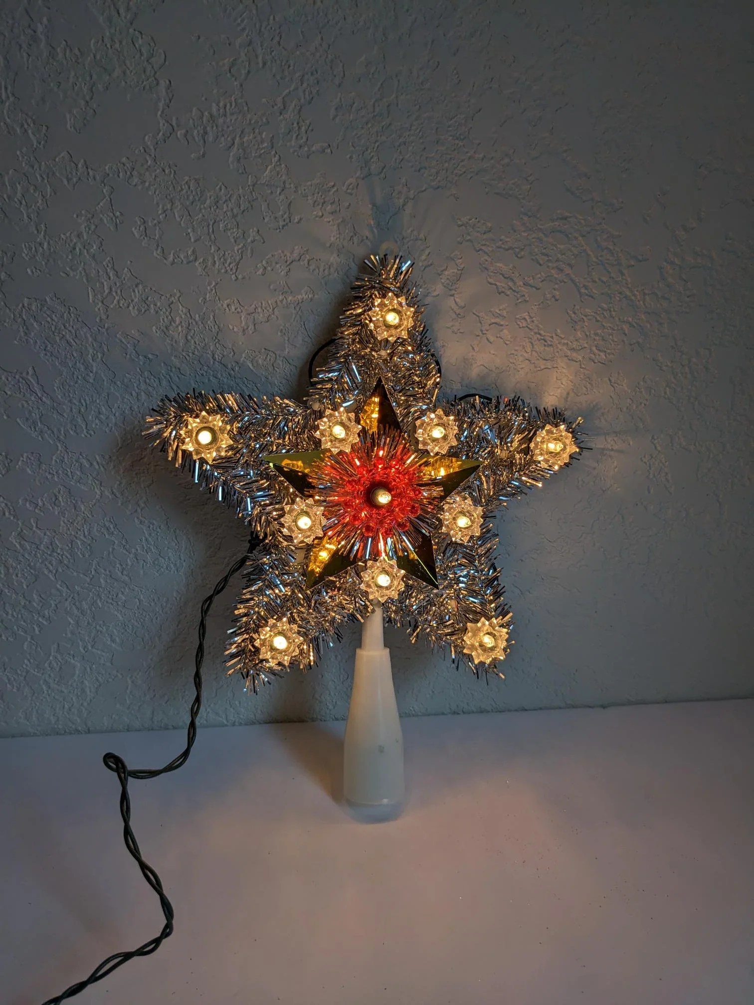 Vintage LightUp Silver Tinsel Star Christmas Tree Topper Petal