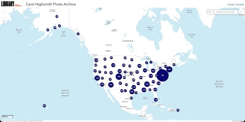 A map of the United States and Canada shows blue circles of varying sizes indicating the number of Carol Highsmith photos by location. The largest circle is over Washington, D.C., with smaller circles distributed across both countries.