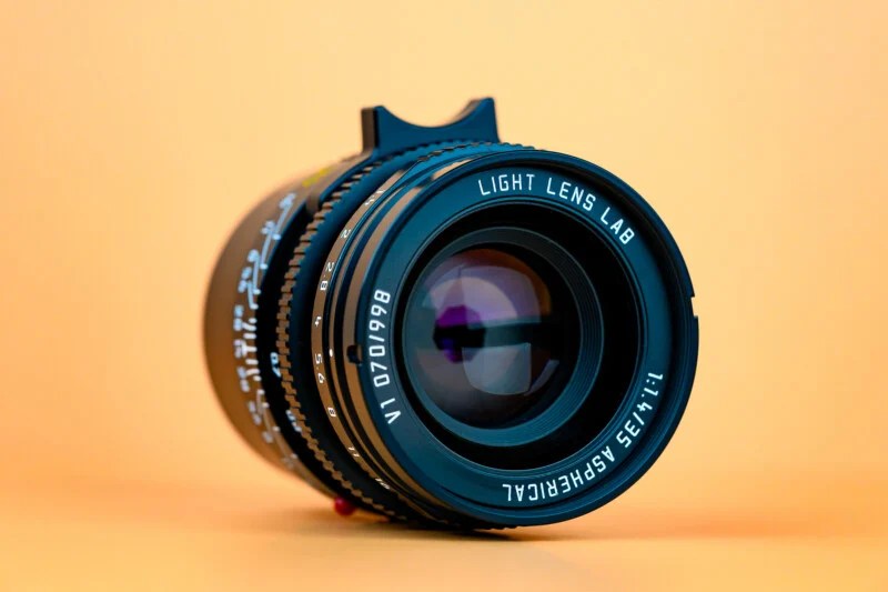 A close-up of a camera lens labeled