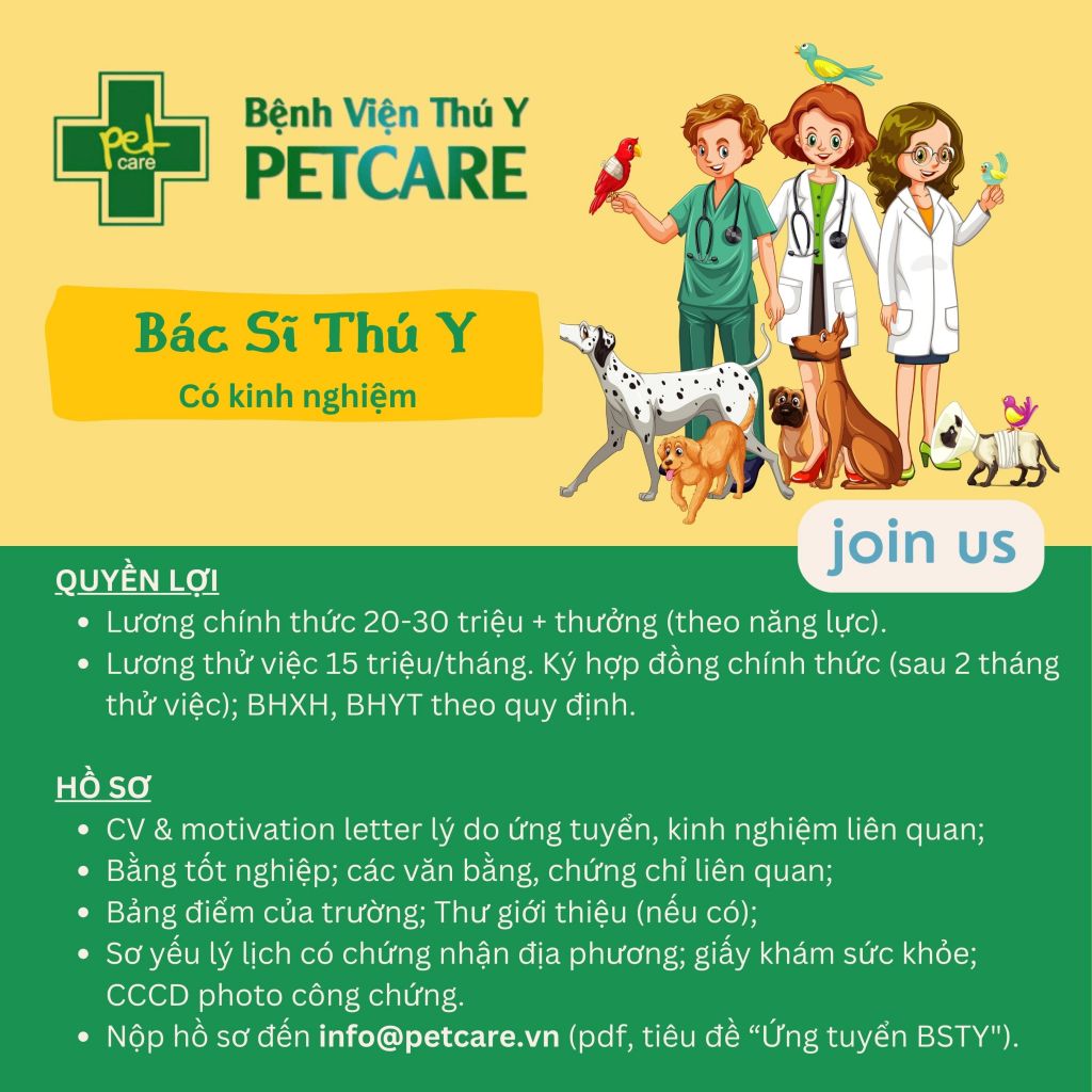 Petcare tuyển dụng BSTY 2023 Bệnh Viện Thú Y Petcare