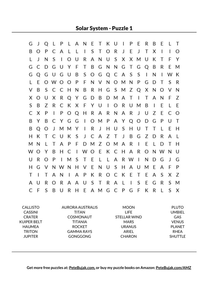 Free Solar System Word Search Puzzles PDF