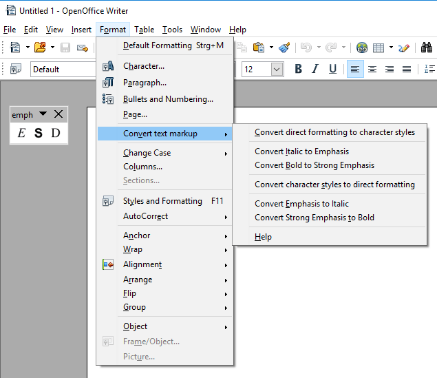 "Emphasis" toolbar and "Convert text markup" menu Apache OpenOffice
