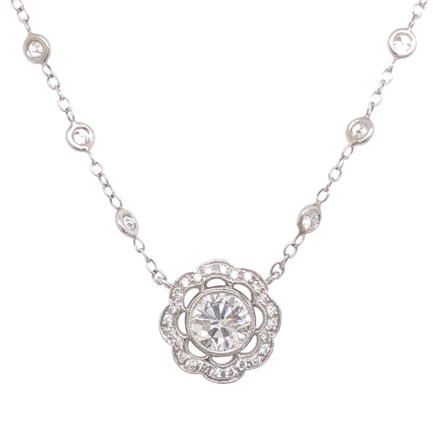 Platinum Diamond Necklace with a Pave Flower Design Los Angeles Peter