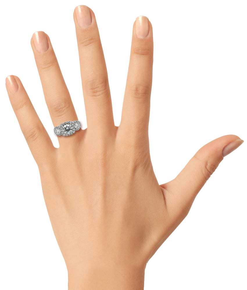 Round Three Stone Engagement Ring With Halos Los Angeles Peter Norman