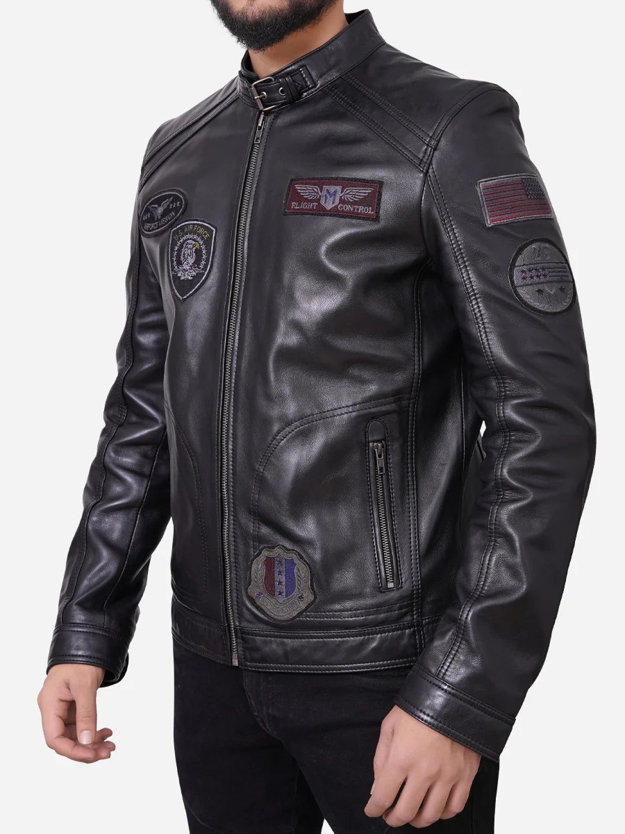 Chester Black Leather Pilot Jacket with Air Force Patches