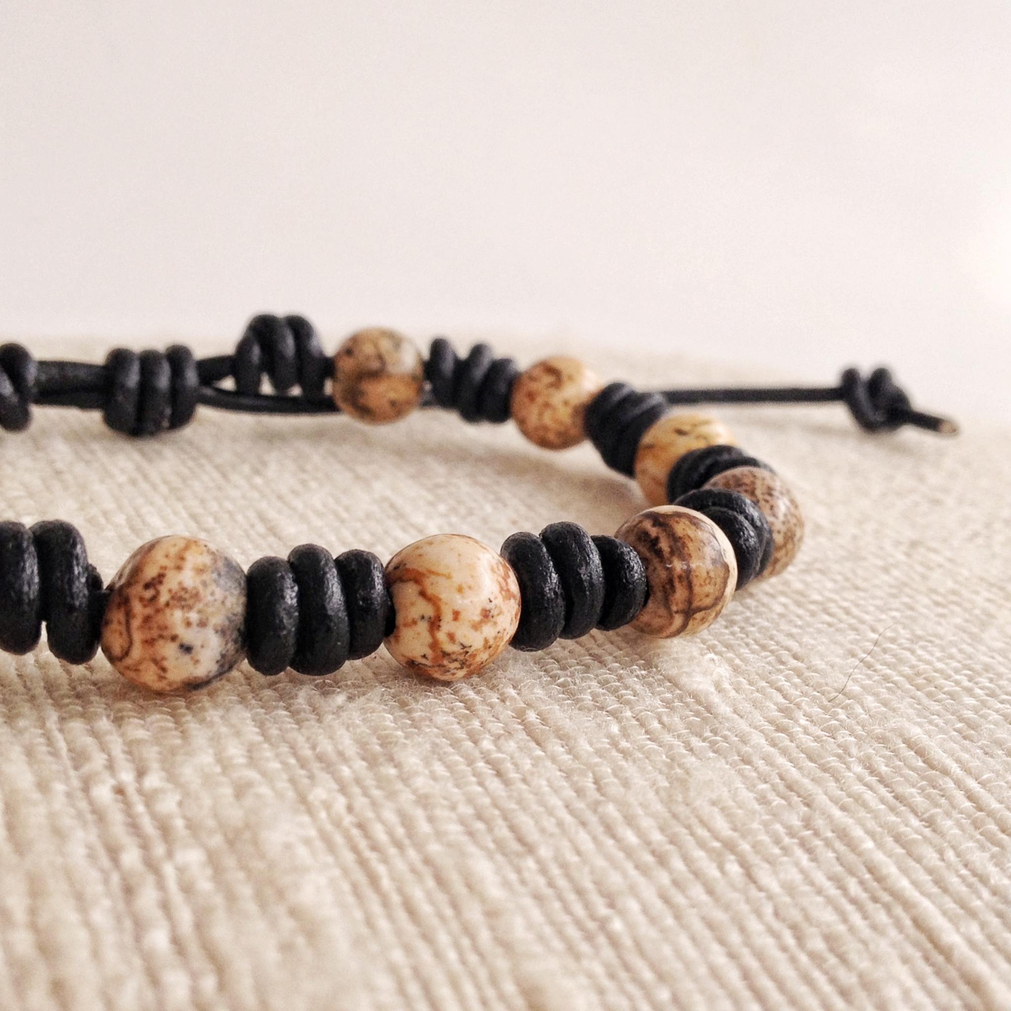 Rosary bracelet with Picture Jasper Unisex decade bracelet on leather