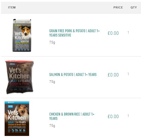 Vets Kitchen free sample cat and dog food packs