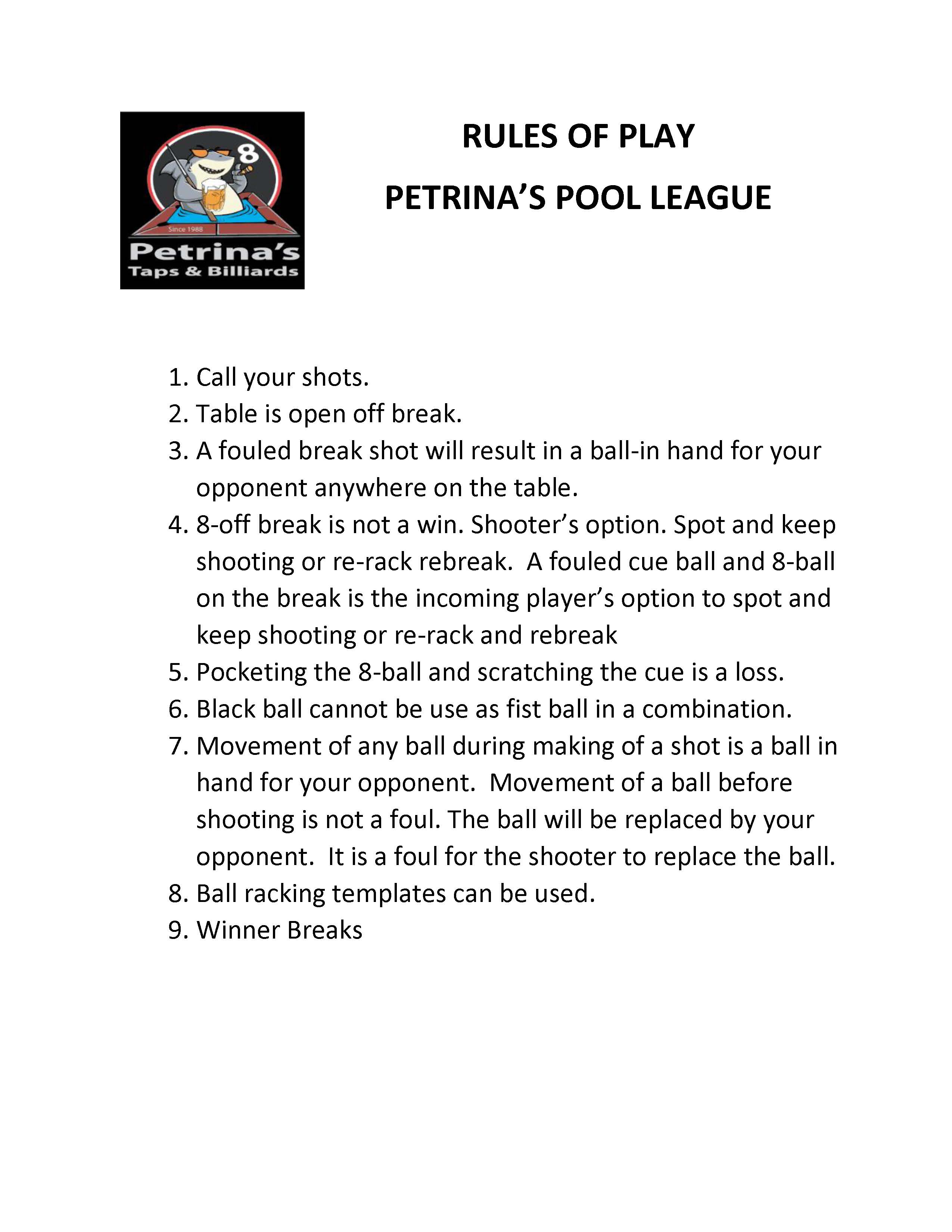 BCA RULES OF PLAY Petrina's Pool Tournaments