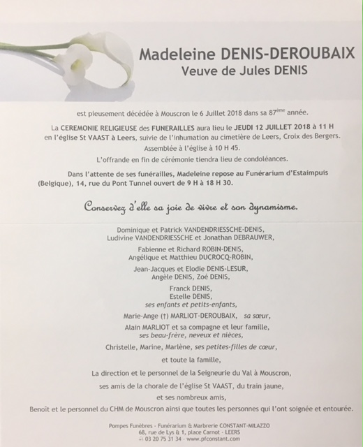 Avis de décès Pompes funèbres Constant Milazzo à Leers