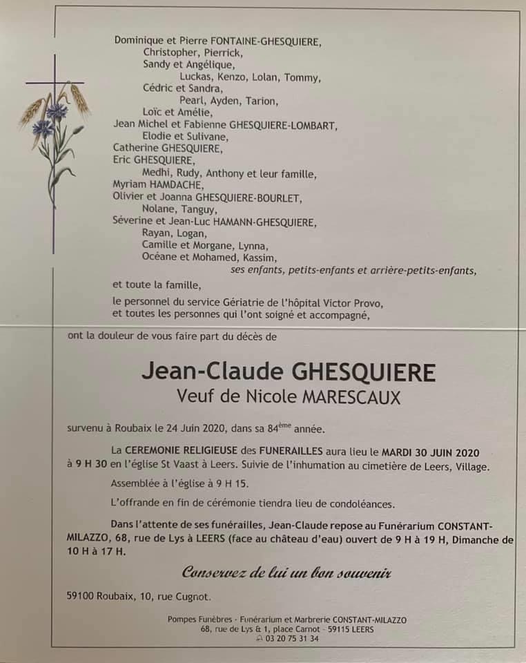 Avis de décès Pompes funèbres Constant Milazzo à Leers