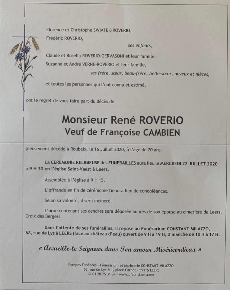 Avis de décès Pompes funèbres Constant Milazzo à Leers