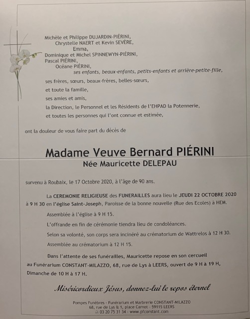 Avis de décès Pompes funèbres Constant Milazzo à Leers