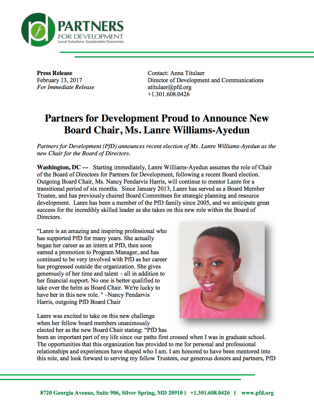 Partners for Development » Blog Archive » New Board Chair Press Release