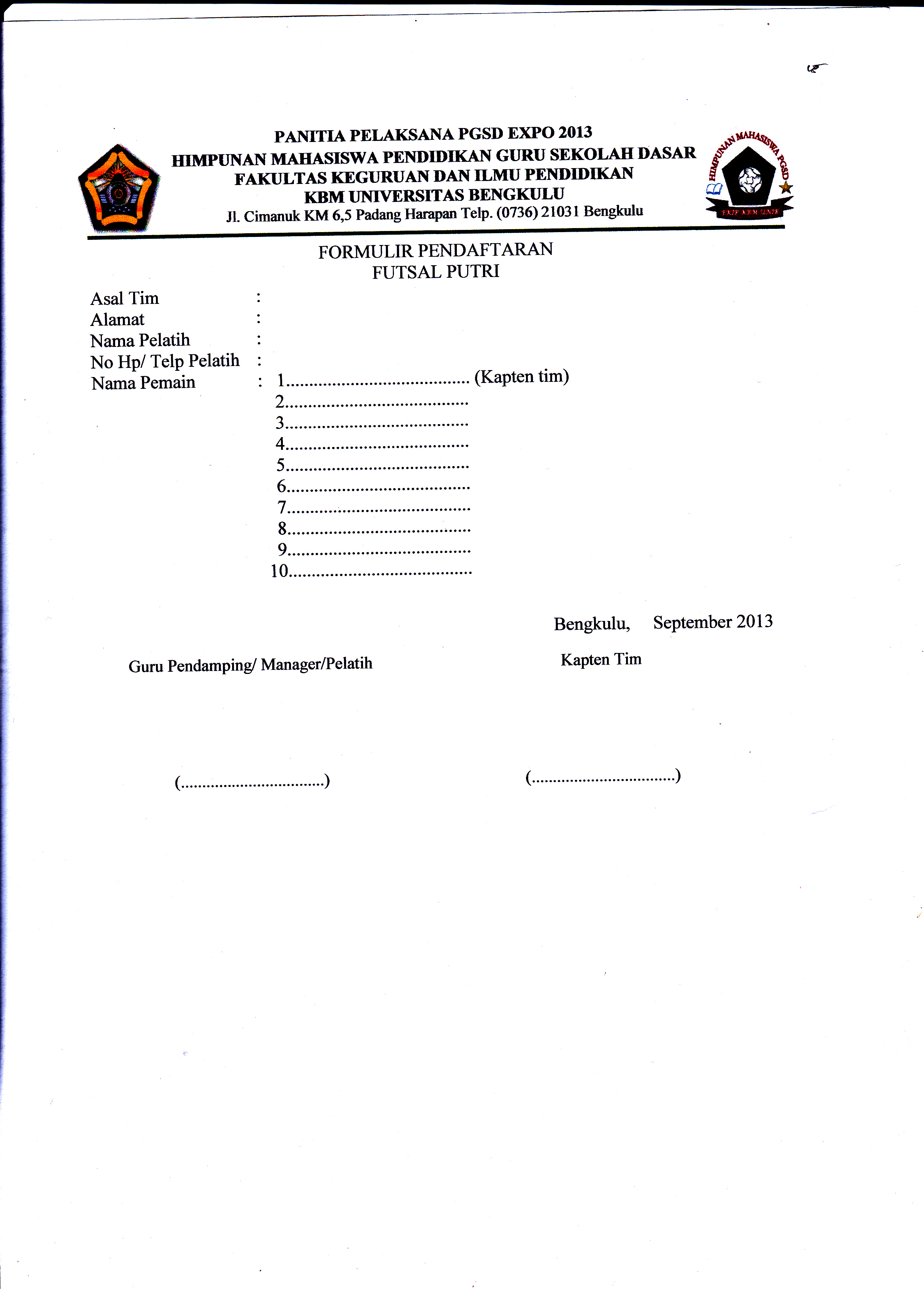 Contoh Formulir Pendaftaran Futsal