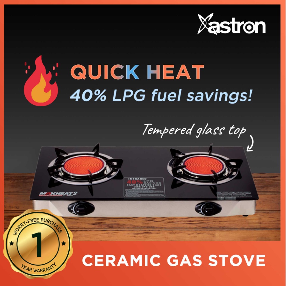 Astron MAXHEAT2 Double Burner Ceramic Gas Stove with Tempered Glass To