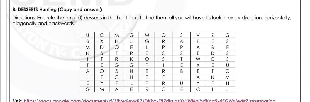 B. DESSERTS Hunting (Copy and answer) Directions Encircle the ten (10